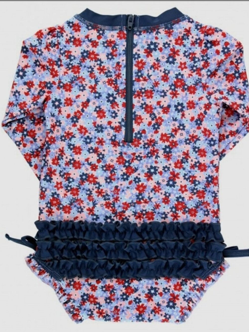 RuffleButts Floral One-Piece Rash Guard Swimsuit with Navy Swim Hat, 6-12M